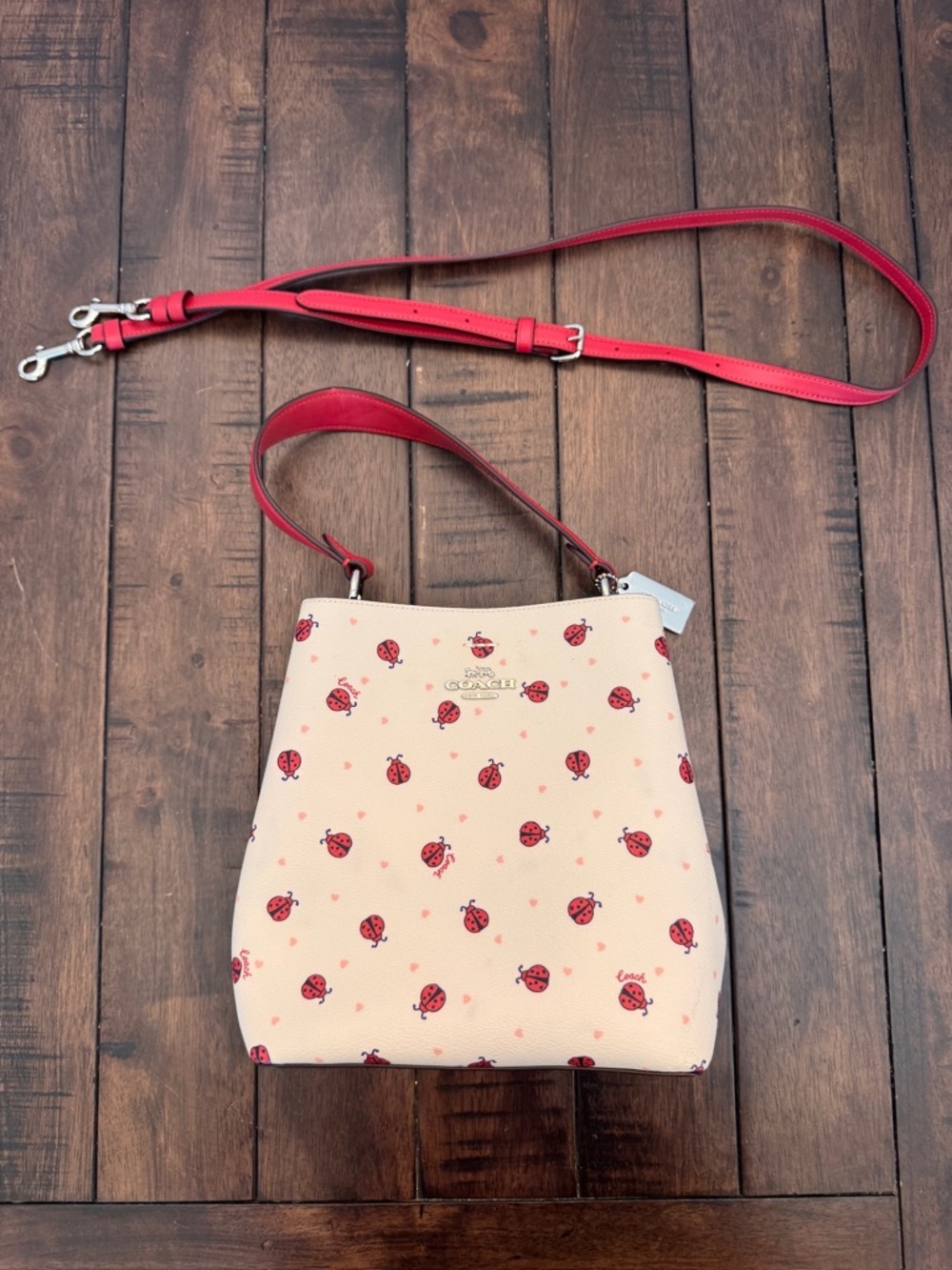 Coach C Mini Town Bucket Bag Ladybug Floral Print Red White Y2K - Picture 4 of 16